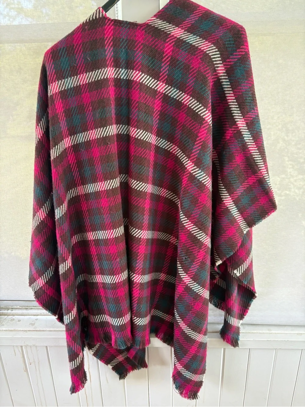 Cabi Divided Plaid Wrap Cape/wrap - Fuchsia, Teal & Cream